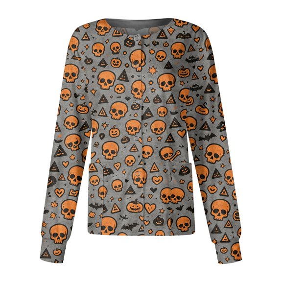 Domzest Halloween Scrub Top for Women Button Front Halloween Print Scrub Top Crew Neck Cute Nurse Uniform Dark Gray 3XL