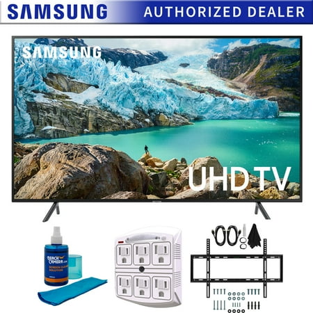 Samsung 50" RU7100 LED Smart 4K UHD TV 2019 Model (UN50RU7100FXZA) with Slim Flat Wall Mount Kit Ultimate Bundle for 45-90 inch TVs, Screen Cleaner for LED TVs & SurgePro 6-Outlet Surge Adapter