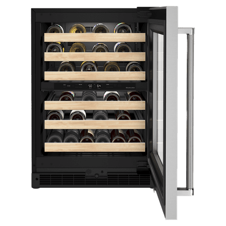KitchenAid - 46-Bottle Dual Zone Wine Cellar with Glass Door and Wood-Front Racks - Stainless Steel