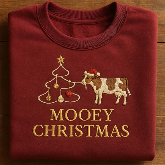 Embroidered Mooey Christmas Cow Tree Sweatshirt, Funny Farm Animal Holiday Tee, Cow Lover Xmas Sweater Alternative Gift