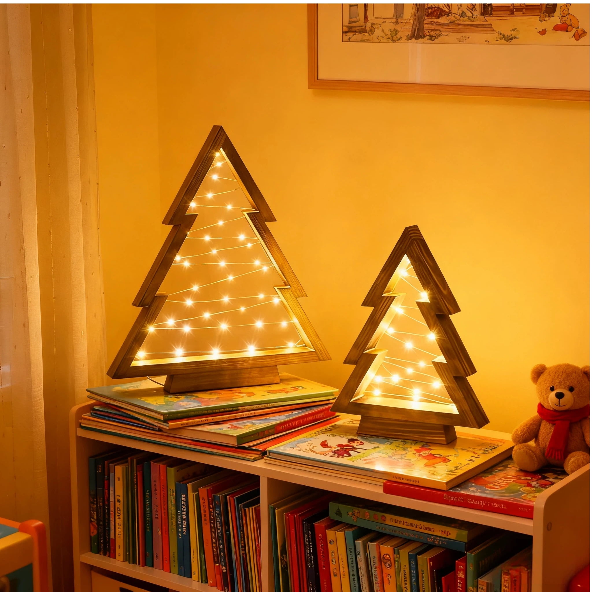 Under 50 Dollars! 2Pcs Christmas Tree Gold LED Wooden Light, Modern Farmhouse Tabletop Christmas Decor, Table Fireplace Mantle Shelf Decorations, Gifts for Women Men Friends(14.3" and 10.7" Tall)