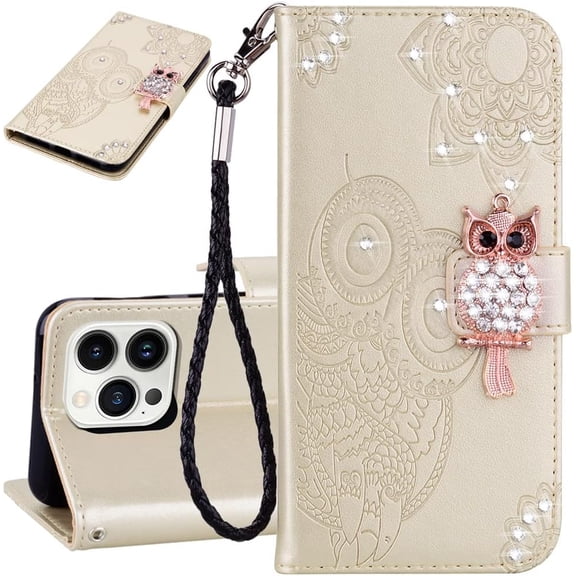 Compatible with iPhone 13 Pro Max Case Glitter Stylish Crystal Owl with Wrist Strap Kickstand Magnetic Leather Wallet for Women Flip Phone Case for iPhone 13 Pro Max 6.7 inch Golden YK