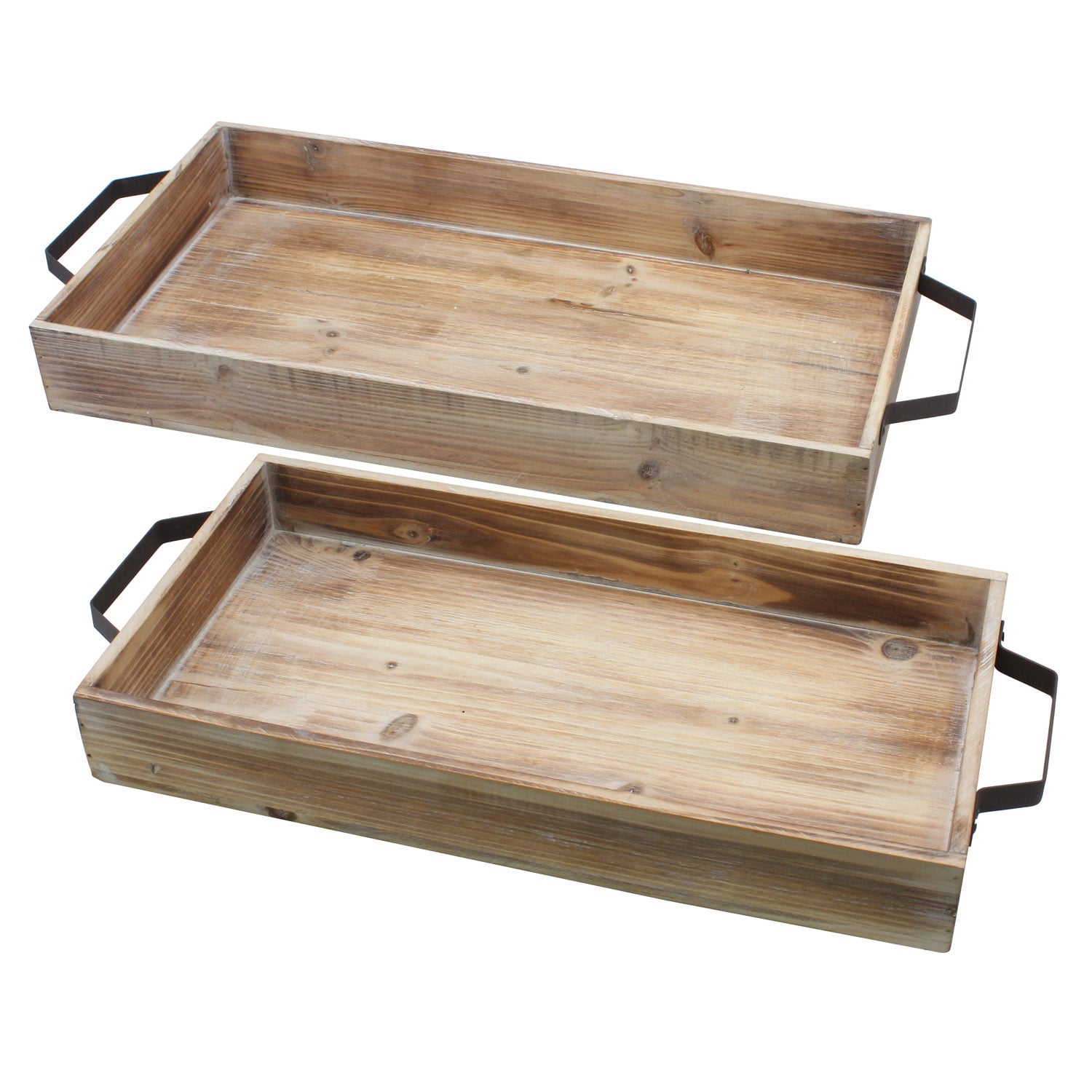 STONEBRIAR COLLECTION Rustic Torched Wood Serving Tray Set With Handles
