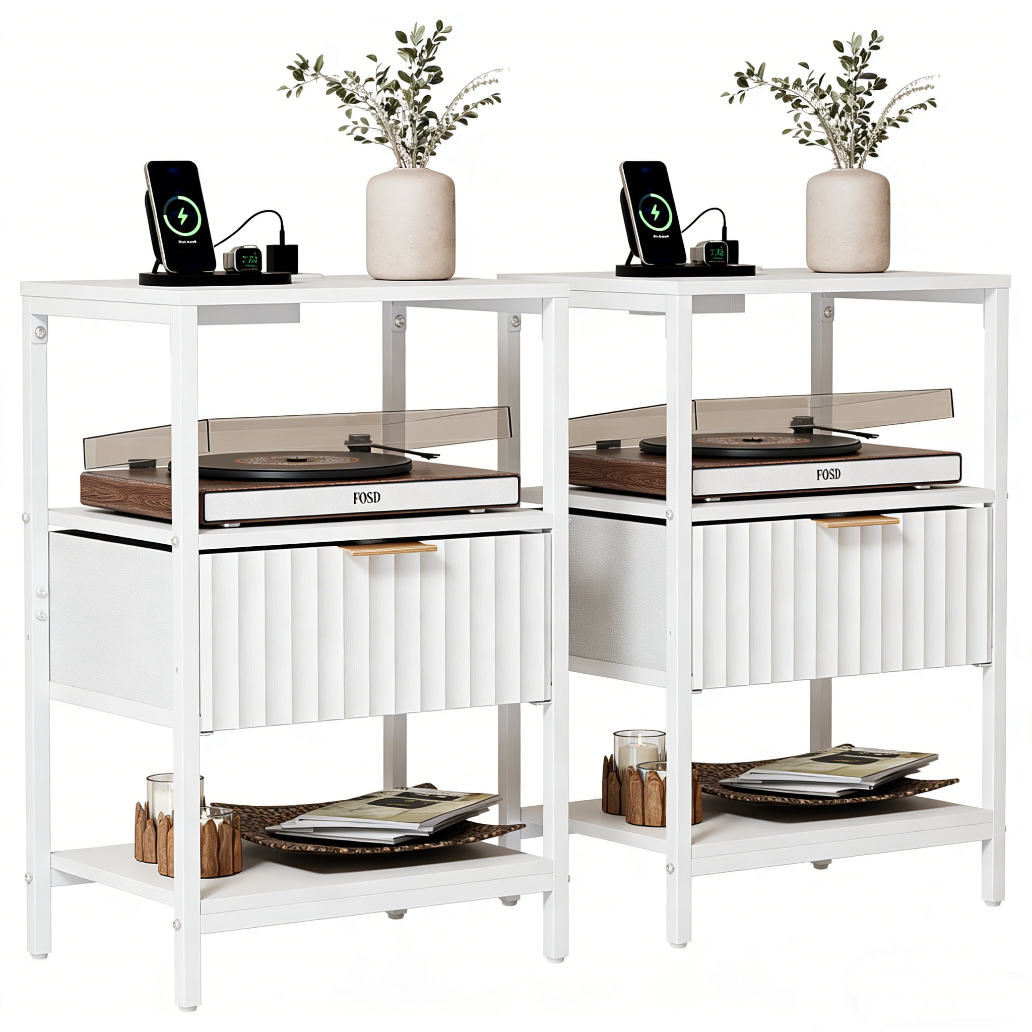 Ktaxon Fluted Nightstand with Charging Station End Table with Drawers Bedside Table Furniture for Bedroom, Living Room, White