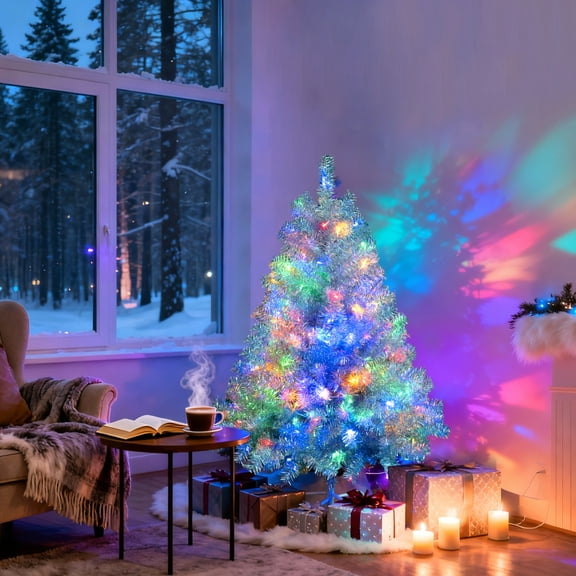 4FT Sliver Pre-Lit Artificial Christmas Tree, Hinged Full Tree with Metal Stand, 400 Branch Tips, 150 LED Lights,11 Lighting Modes, Holiday Decoration Tree for Indoor and Outdoor