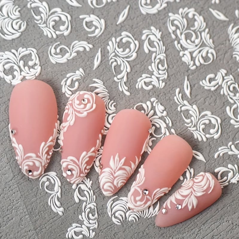 Elegant White Floral Lace Nail Art Stickers - Self-Adhesive, Matte Finish, Perfect for Weddings & Special Occasions, DIY Nail Decorations