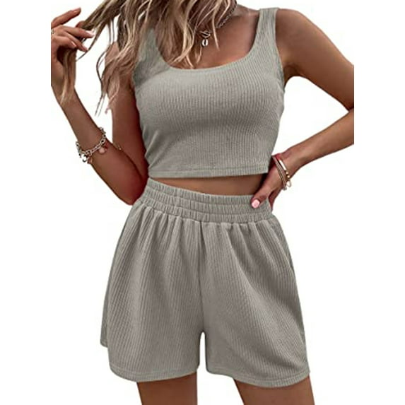 Douhoow Women Summer 2 Piece Rbbed Outfits, Solid Sleeveless Crop Top High Waist Shorts