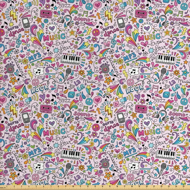 Doodle Fabric By The Yard Groovy Pastel Hand Drawn Music Keyboard Sound Speakers Creative Rainbow Themed Decorative Fabric For Upholstery And Home Accents By Ambesonne Walmart Com Walmart Com