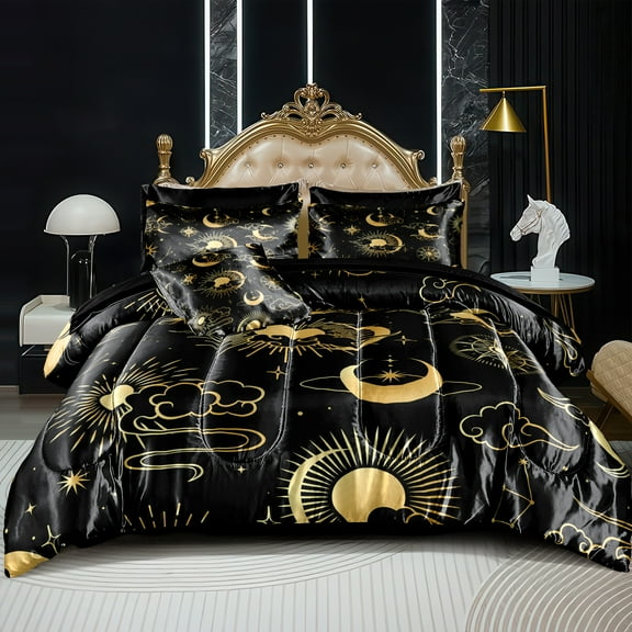 Sun and Moon Comforter Queen Size 8 Pcs Bed in A Bag Satin Bedding Set Black Boho Bed Home Decor Luxury Hotel Silky Down Duvet