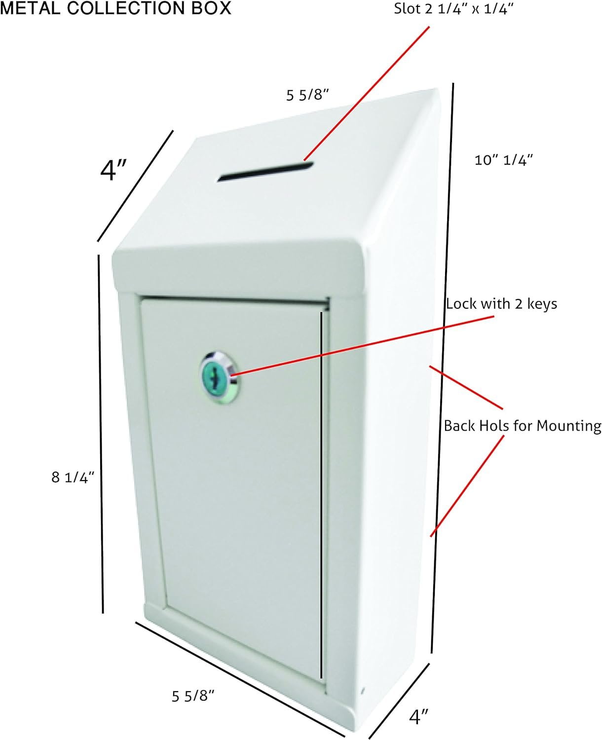 My Charity Boxes Metal Wall Mount Lock with Keys Donation Box, Keys, 10"x 6"x 2.5", Off White