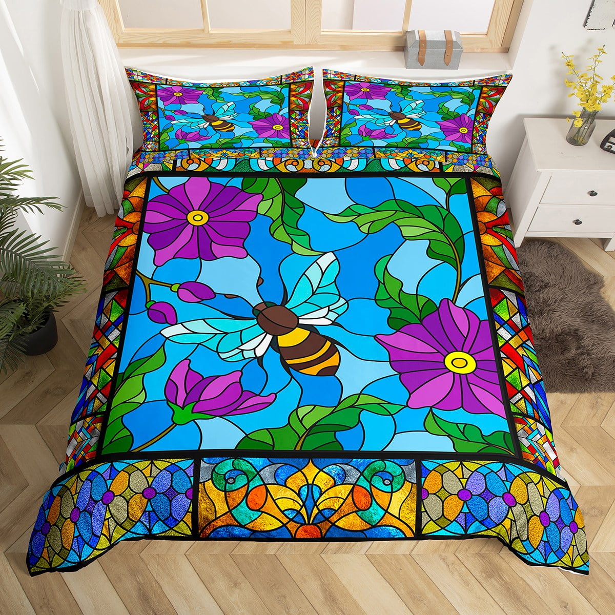 Bee Comforter Cover Purple Floral Duvet Cover for Girls Women,Rainbow