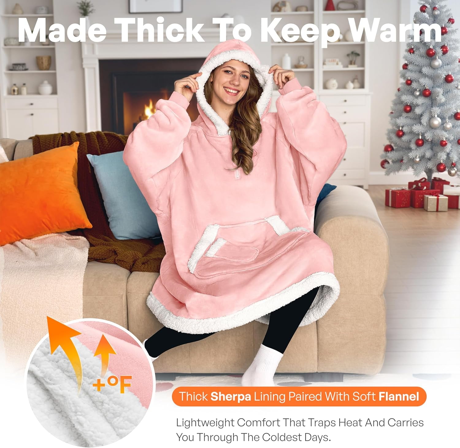 Joyfy Wearable Blanket Hoodie,Oversize Hoodie Fleece Sweatshirt Wearable Blanket for Women and Men,Clothing Gift for Women Men Mom Dad,Giant Hood Pocket and Sleeves for Adult(Pink,Standard)