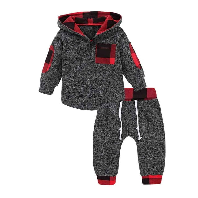Ritatte Bebé Niño Otoño Invierno Ropa Cuadros Manga Larga Sudadera Con Capucha Pantalones Conjunto 2 Piezas Trajes De Navidad Infantil 0-3T (Gris 18-24M (100))