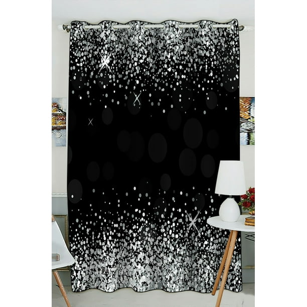 ABPHQTO Shiny Silver Glitter Black Grommet Blackout Curtain Room Darkening Curtains 52x84 inch