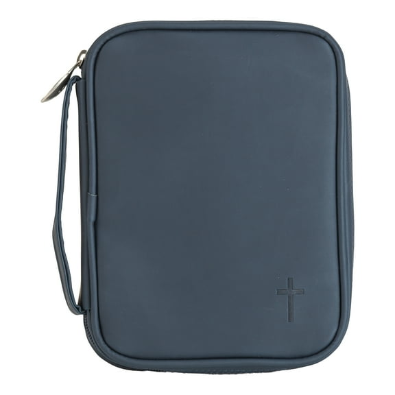Matte Navy Blue Stitched Cross 8 x 6 Fabric Zippered Bible Cover Case with Handle, Compact
