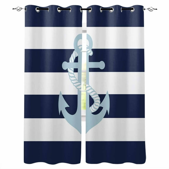 Fsddascl Navy Blue Stripe Nautical Blackout Curtains for Bedroom/Living Room, Thermal Insulated Kitchen Curtains, Aqua Anchor Summer Coastal Grommet Darkening Window Treatment Drapes 52"x63"x2