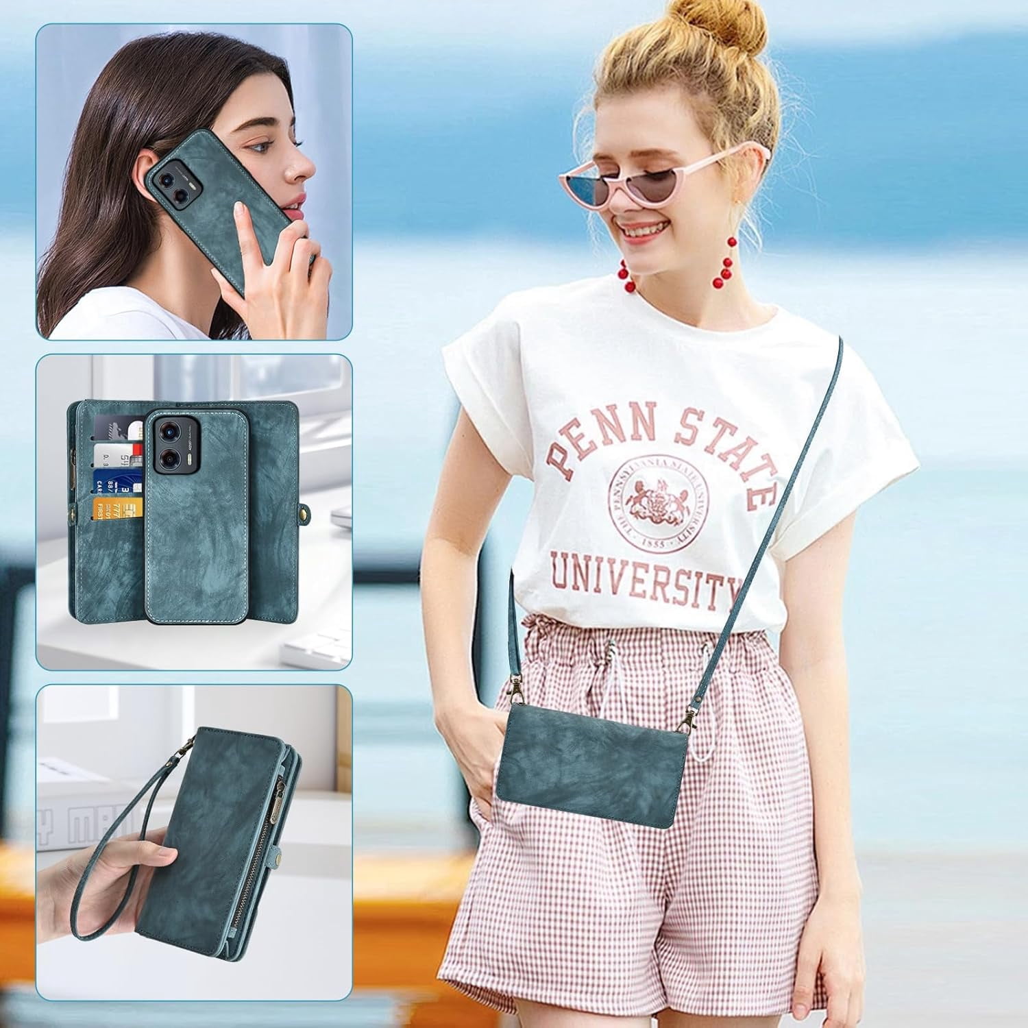 Asuwish Phone Case for Motorola Moto G 5G 2023 Zipper Wallet Detachable Cell Cover with Tempered Glass Screen Protector Crossbody Lanyard Strap Flip Card Holder Slot G5G 5 G G5 Women Men Girls Blue