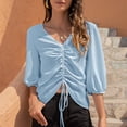thumbnail image 4 of Blusa fruncida con cordón delantero Linterna Manga 3/4 Gasa Cuello en V Camisa con cordón fruncido Top para mujer, 4 of 8