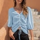 thumbnail image 4 of Blusa de mujer con escote en V, mangas 3/4, cordón ajustable, mangas farol y fruncido en el frente, talla L Top de gasa fruncido azul claro, 4 of 8