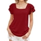 thumbnail image 1 of Camiseta de mujer Cuello cuadrado Color puro Volantes Manga corta Blusa superior para viajes de verano Rojo vino M, 1 of 6