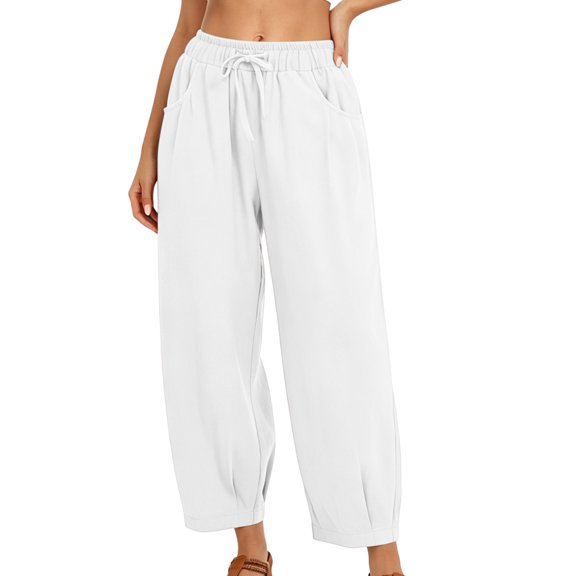 Womens Wide Leg Pants Drawstring Loose Baggy High Waisted Barrel Pants Summer Lounge Trousers with Pockets