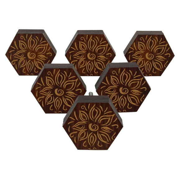 IBA Indianbeautifulart Brown Engraved Knobs 10 Pc Furniture Wooden Scallop Knobs Rustic Drawer Pull