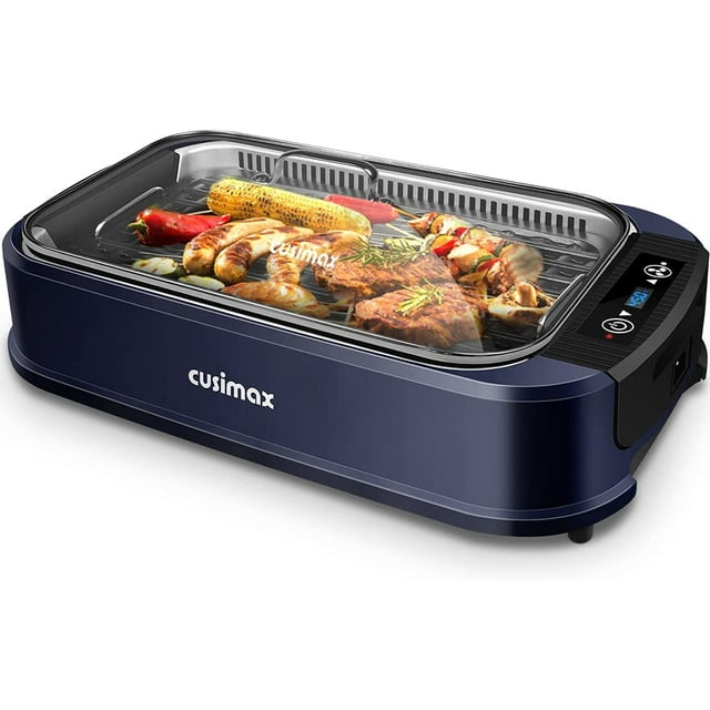 CUSIMAX Indoor Grill Electric Grill Smokeless Grill Portable Korean BBQ Grill with Turbo Smoke Extractor Technology, Non-stick Removable Grill Plate, Tempered Glass Lid, Great for Party, Blue