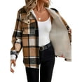 thumbnail image 3 of Womens Plaid Shacket Jacket Long Sleeve Fleece Hooded Jackets Fall Winter Warm Coat Khaki XL, 3 of 7