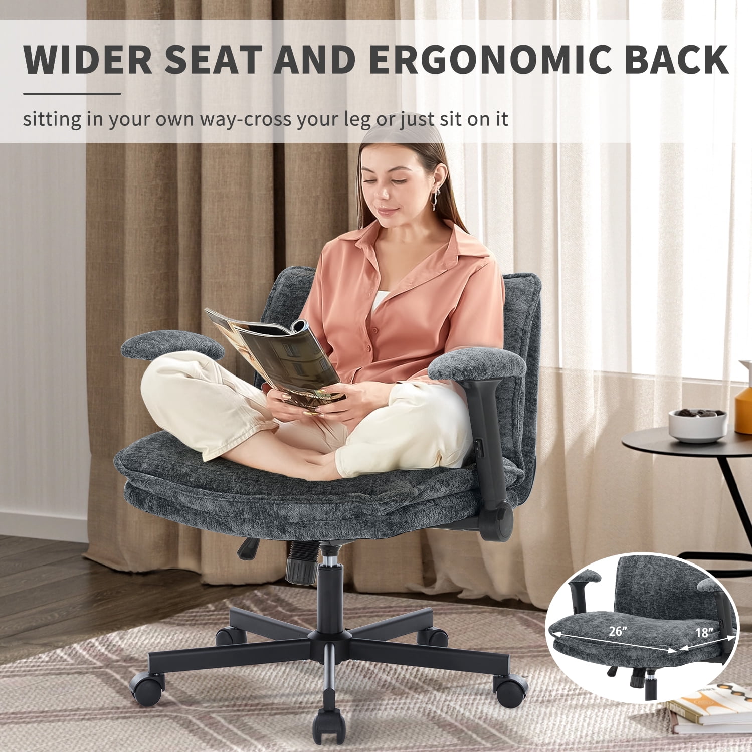 Criss Cross Chair with Wheels and Adjustable Flip-Arms, Cross Legged Office Chair with Thick Cushion, Wide Makeup Vanity Chair, Comfy Swivel Desk Chair for Home Office, Apartment, Bedroom, Grey