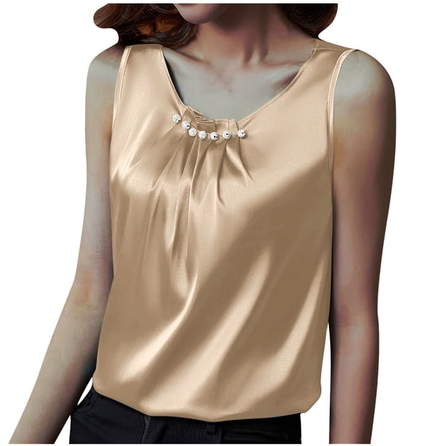 Timegard Débardeurs Grande Taille pour Femmes Col Rond Plissé Sans Manches Chemises Décontractées Mode Couleur Unie