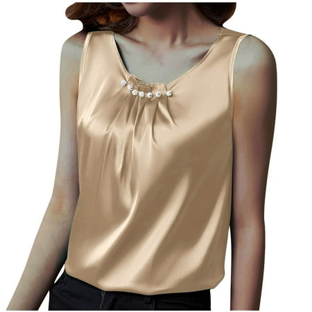 GA WEIHUA Satin Tank Tops for Women Pleated Crewneck Camisole Dressy Decorative Jewelry Camis Silk Summer Sleeveless Blouses 2025 Basic Camisole Shirts(Rose Gold M)