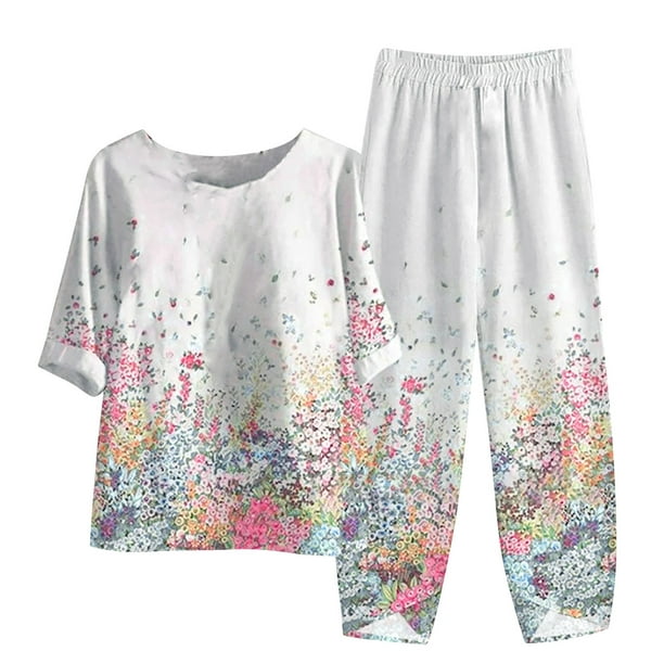 yievot Women Two Piece Outfits Summer Cotton Linen 3/4 Sleeve Button Top  and Bottom Set Comfy Floral Print Pants Sets Tracksuit Set 
