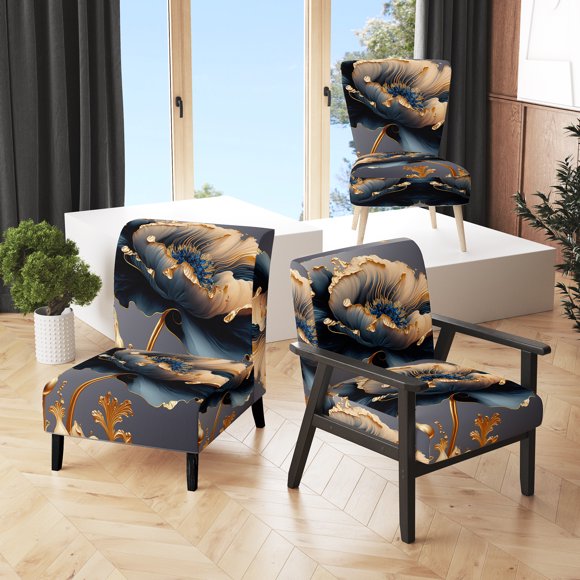 Designart « Deep Blue and Gold Blossom VI » Fauteuil d'Appoint Rembourré Bleu à Motif Floral et Botanique - Fauteuil Traditionnel pour Salon