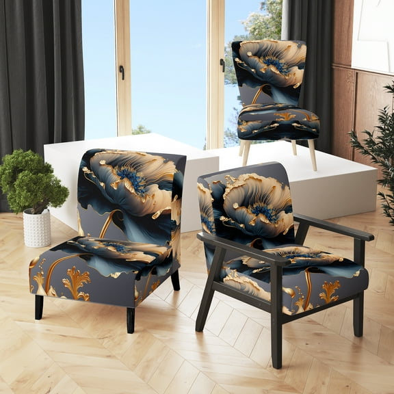 Designart "Deep Blue and Gold Blossom VI" Blue Floral & Botanical Upholstered Accent Chair - Traditional Arm Chair For Living Room