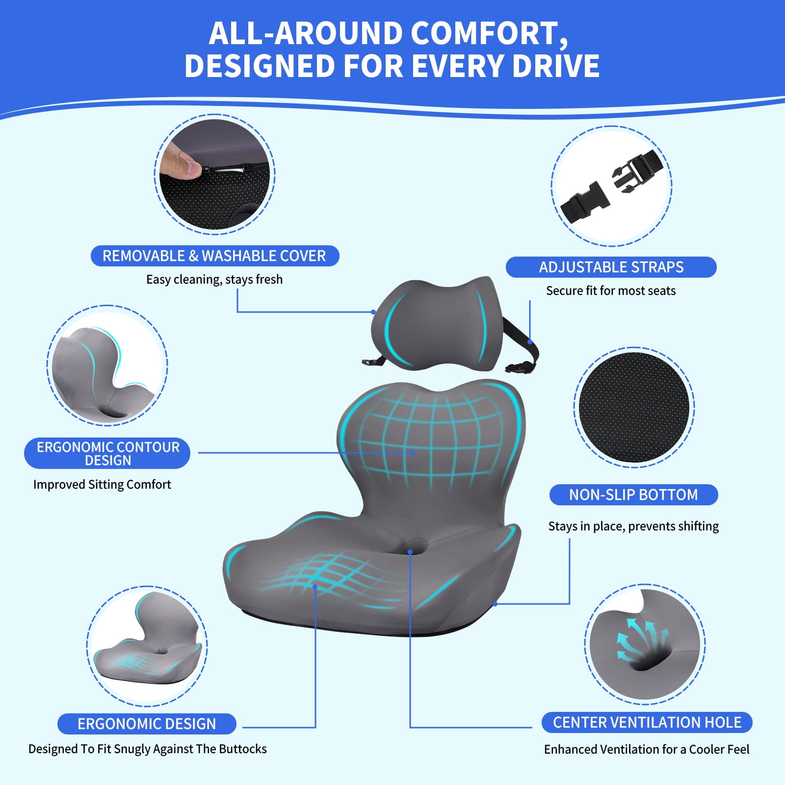 Nicecastle Ergonomic Seat Cushion with Lumbar Support Pillow, Memory Foam for Tailbone and Back Pain Relief - Comfort for Car, Office Chair, Truck Driving - Non-Slip Washable for All Day Sitting