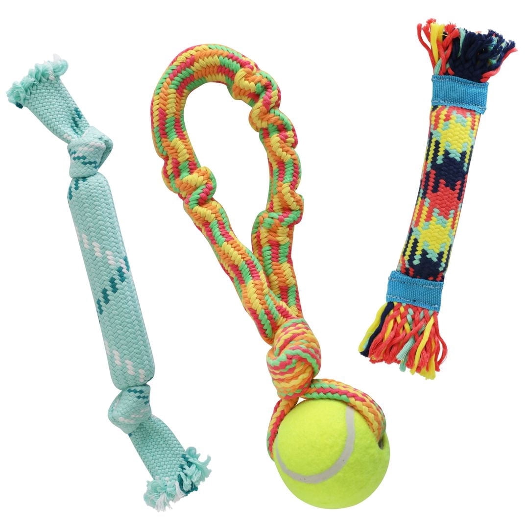 rocket & rex Dog Rope Tug Set for Small to Medium Breeds, Includes Ropes with a Tennis Ball, Natural Rubber Lining & Crackle Lining, Reduces Destructive Chewing & Anxiety (Pack of 3)