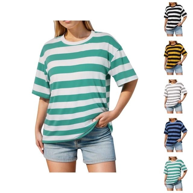 T-shirts Rayés pour Femmes 2026 Été Tendance Manches Courtes Col Rond Bloc de Couleur T-Shirts Amples
