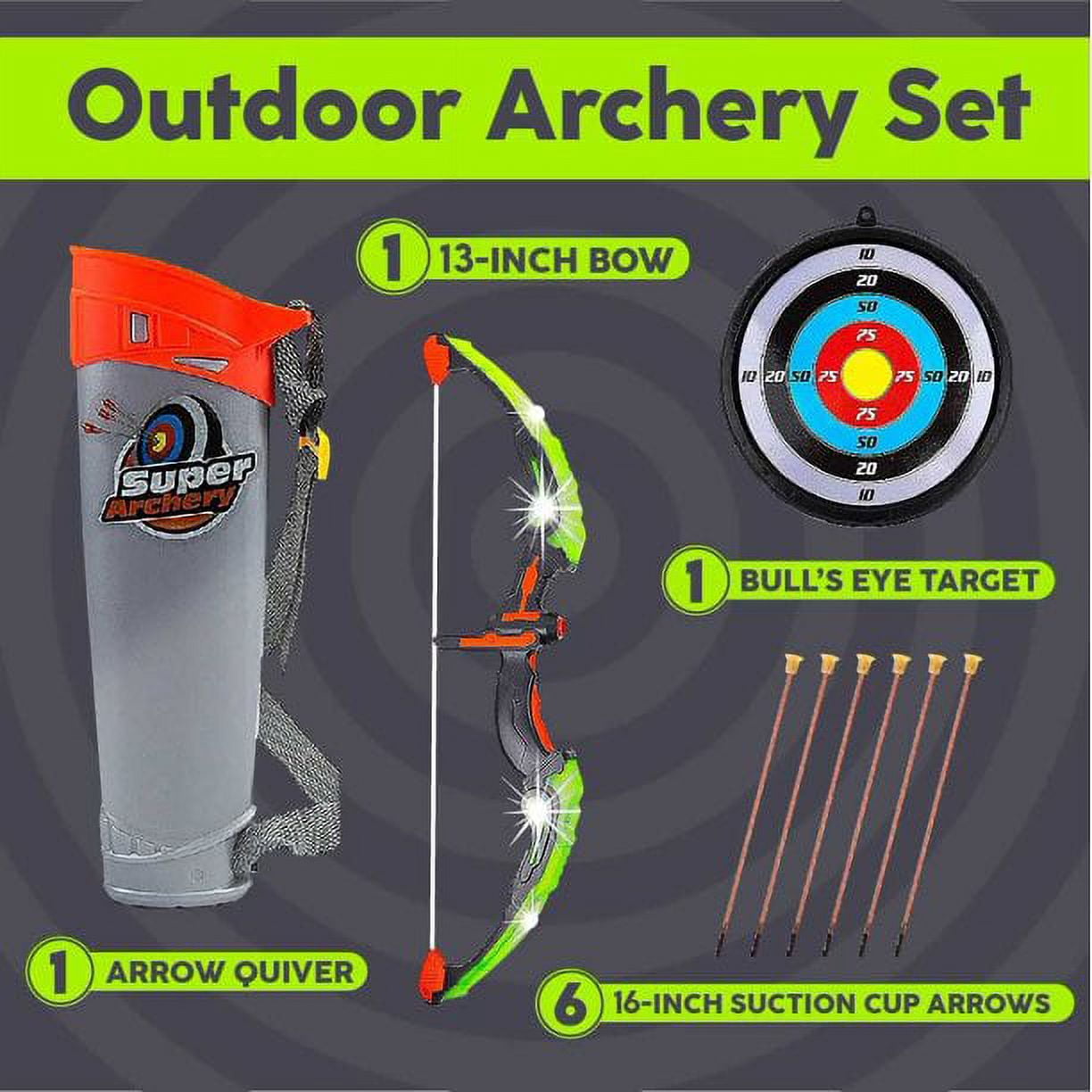 Toysery Green Kids Archery Bow and Arrow Toy Set with Target, Quiver, LED Bow and Arrow set for kids