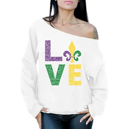 Mardi Gras Women Sweater Love Fat Tuesday Gifts for Her Carnival 2021 Festive Off Shoulder Top