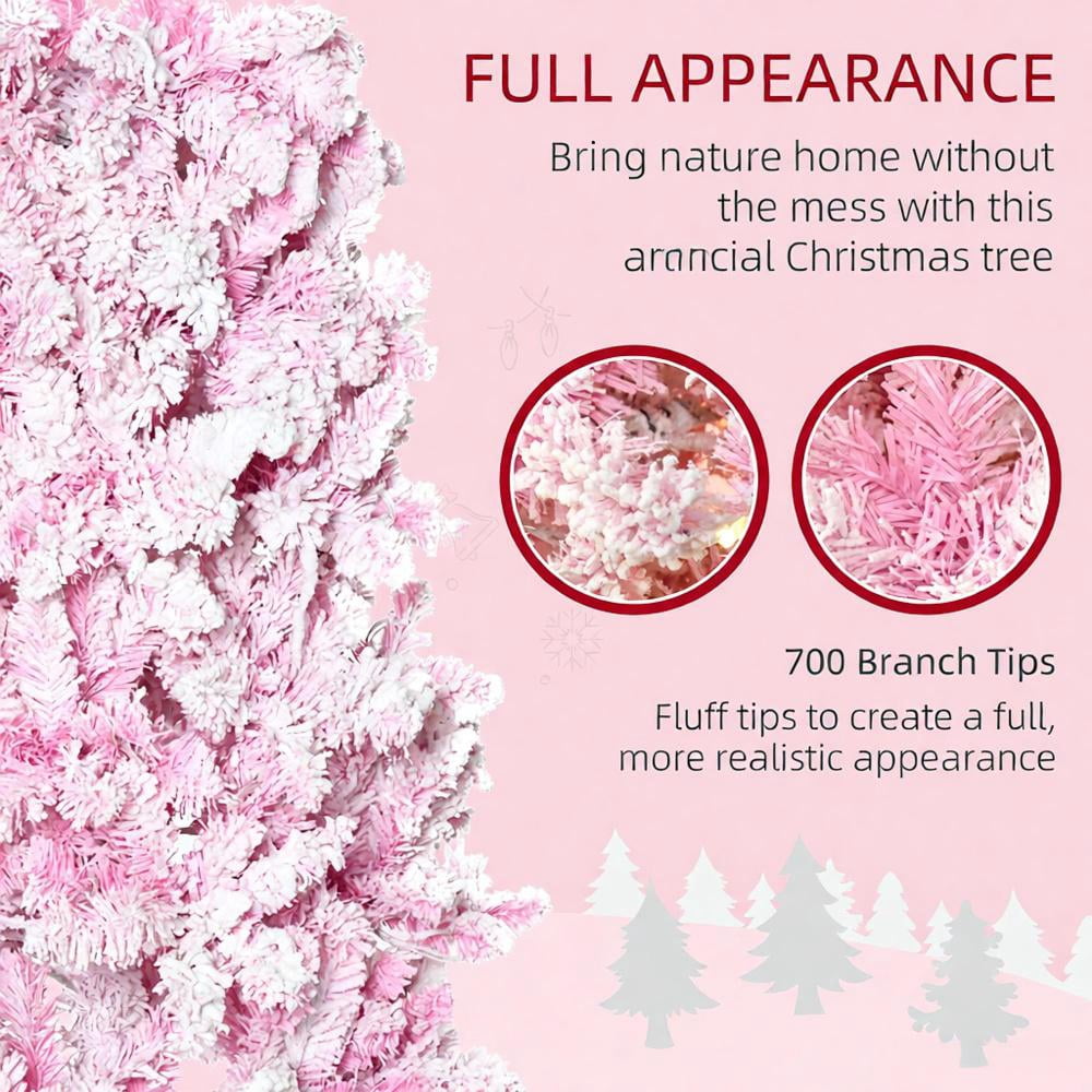 7.5ft Prelit Pink Snow Flocked Christmas Tree 700 Tips 350 LED Lights Auto-Open Branches Indoor Decor