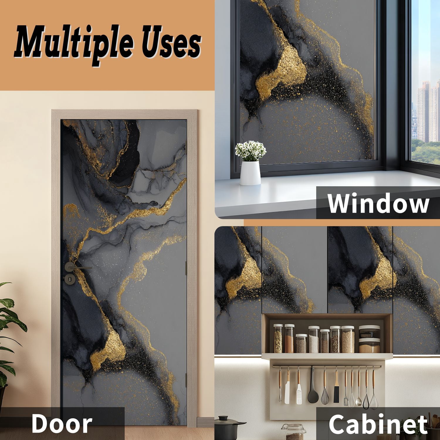 Self Adhesive Vinyl Refrigerator Wrap Set Dark gold abstract marble liquid ink art painting paper Door Mural Removable Fridge Sticker Peel and Stick&nbsp;Full Door Cover Decal Kitchen Bar Decor
