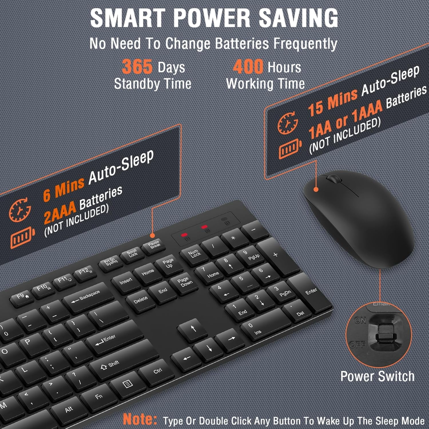 Wireless Keyboard and Mouse Combo, Silent Full Size Cordless USB Keyboard Mouse, 2.4GHz Lag-Free, Long Battery Life, for Computer, Laptop, PC, Chromebook, Windows (Black, 1 Pack)