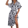 thumbnail image 3 of Women'S Summer Short Sleeve Work Dresses Tie Waist Button Down Print Midi A-Line Shirt Dress White S, 3 of 10