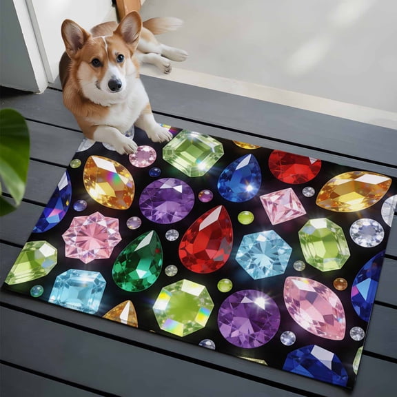 Colorful Diamonds Washable Entry Rug 2x3 Sparkling Colored Gemstone Red Blue Yellow Pink Low Pile Indoor Door Mat with Rubber Backing Thin Area Rug for for Entrance, Bedroom, Kitchen, Bathroom