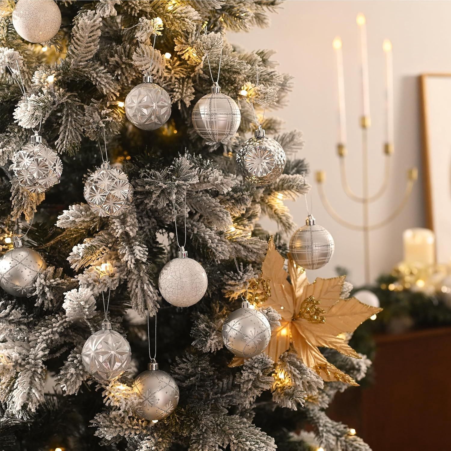 Ornaments for Christmas Trees, 16ct 2.36 Inches White and Silver Shatterproof Christmas Tree Decorations, Hanging Ball Ornaments for Xmas Holiday Party Decor
