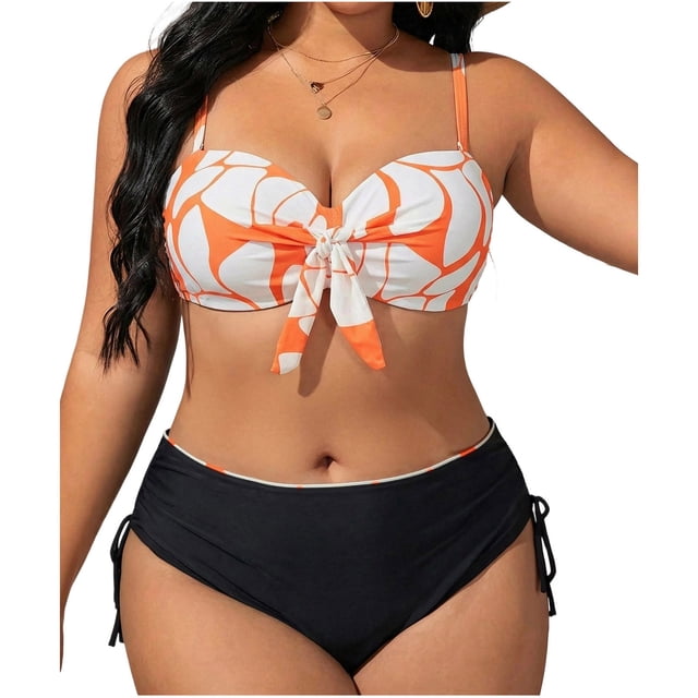 Plus Size Swimsuit for Women with Adjustable Side Ties, Ruching and Wide Straps, Two-Piece Bikini Set in Flattering Prints for Beach and Pool