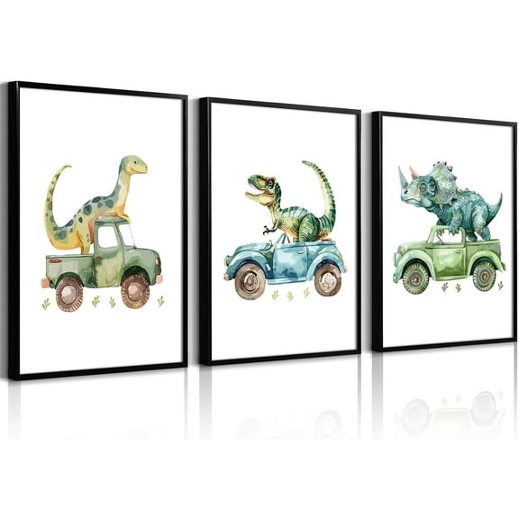 Nursery Wall Art Decor Dinosaur poster Prints Baby Boy Nursery Wall Decor Green Dino Pictures Toddler Kids Poster Cartoon Car Painting Boys Room Artwork for Bedroom Bathroom Inch Ready to Hang