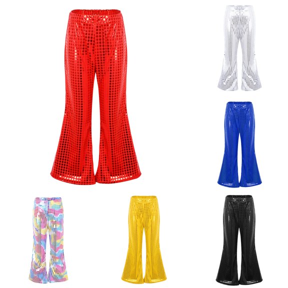 CUZIBR Toddler Girls Pants Casual Sequin Glitter High Waist Bell Bottom Pants Shiny Sequin Flare Trousers Dance Party Dancewear Fashionable Lightweight Vintage Streetwear,Red,10-12 Years