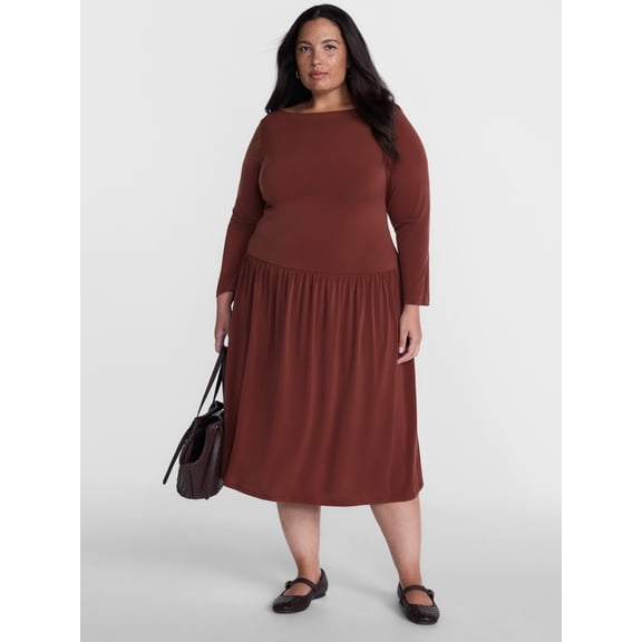 Terra & Sky Women's Plus Boatneck Drop Waist Midi Dress with Long Sleeves, Sizes 0X-5X