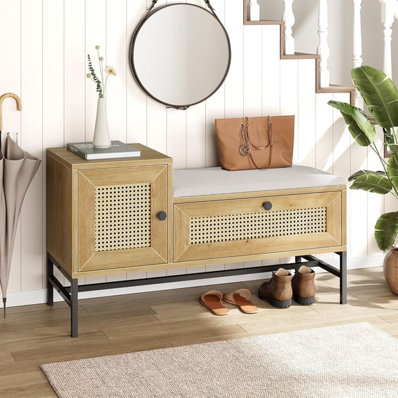 Rattan Entryway Bench with Storage, Wooden Shoe Bench with Linen Seat Cushion & Cabinet, Natural Oak Finish for Hallway, Bedroom, or Mudroom